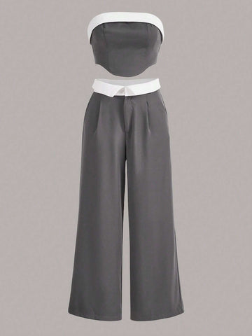Contrast Trim Tube Top & Wide Leg Pants