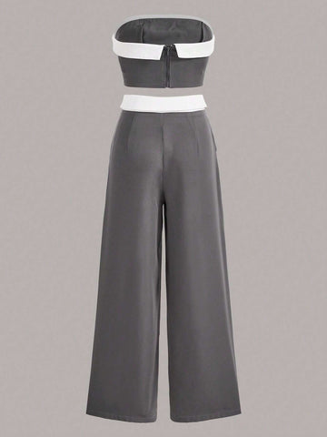 Contrast Trim Tube Top & Wide Leg Pants