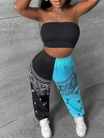 Paisley Print Two Tone Sweatpants