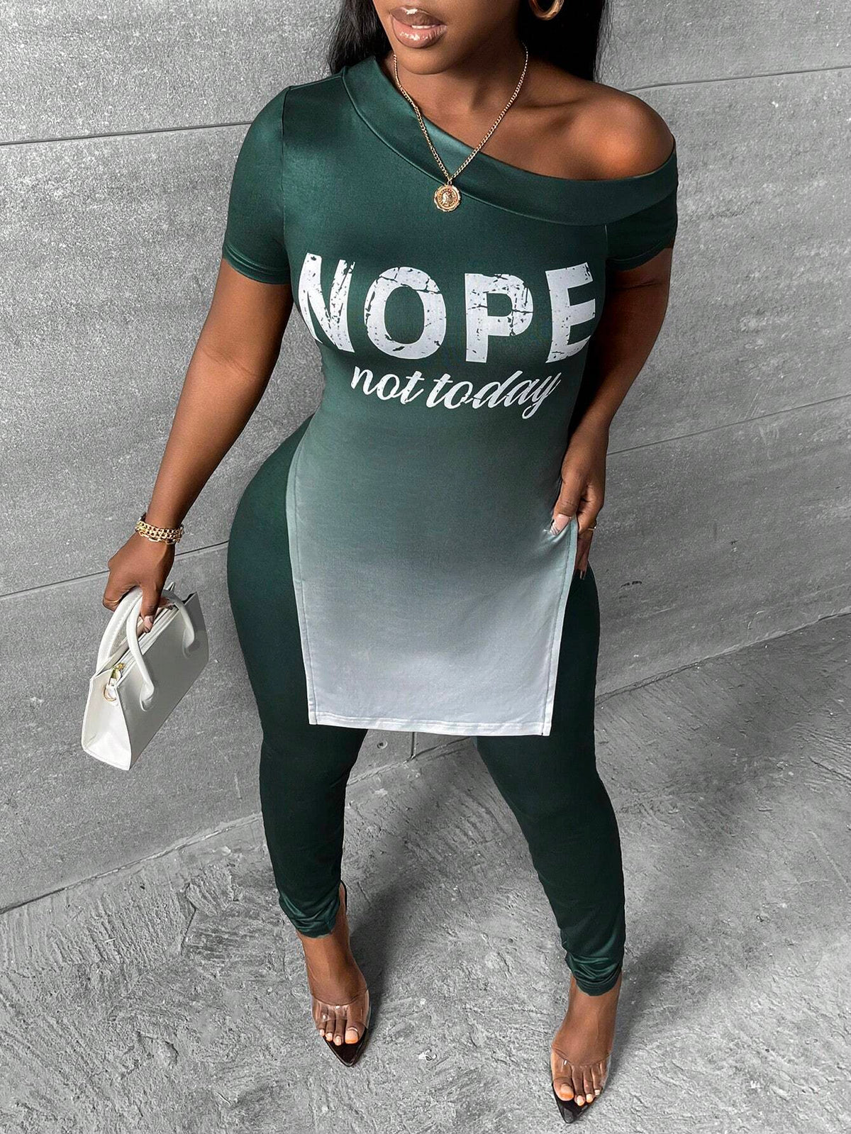 Ombre Letter Graphic Asymmetrical Neck Split Hem Tee & Leggings