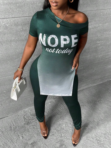 Ombre Letter Graphic Asymmetrical Neck Split Hem Tee & Leggings