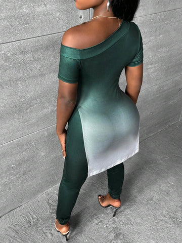 Ombre Letter Graphic Asymmetrical Neck Split Hem Tee & Leggings