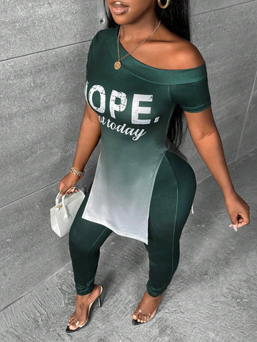 Ombre Letter Graphic Asymmetrical Neck Split Hem Tee & Leggings