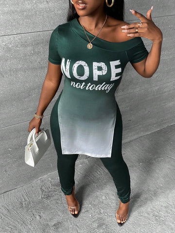Ombre Letter Graphic Asymmetrical Neck Split Hem Tee & Leggings