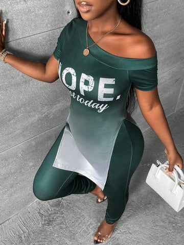 Ombre Letter Graphic Asymmetrical Neck Split Hem Tee & Leggings