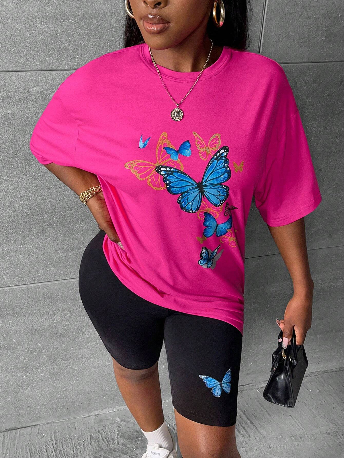 Butterfly Print Drop Shoulder Tee & Biker Shorts