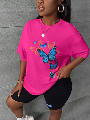 Butterfly Print Drop Shoulder Tee & Biker Shorts