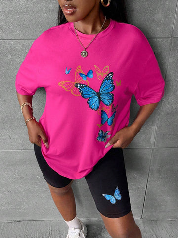 Butterfly Print Drop Shoulder Tee & Biker Shorts