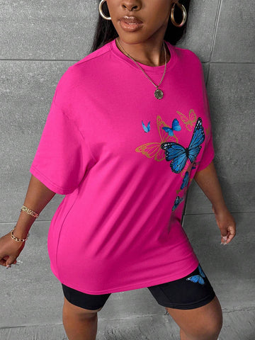 Butterfly Print Drop Shoulder Tee & Biker Shorts