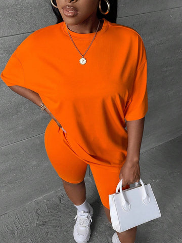 Solid Drop Shoulder Tee & Biker Shorts