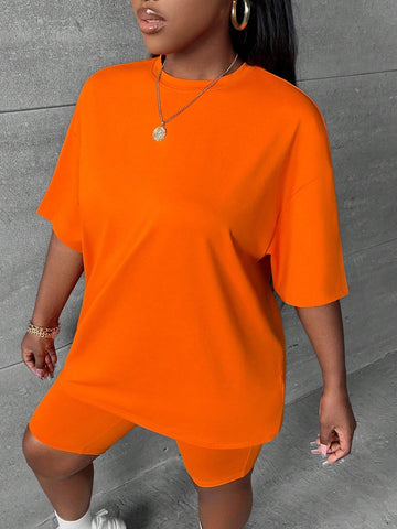 Solid Drop Shoulder Tee & Biker Shorts
