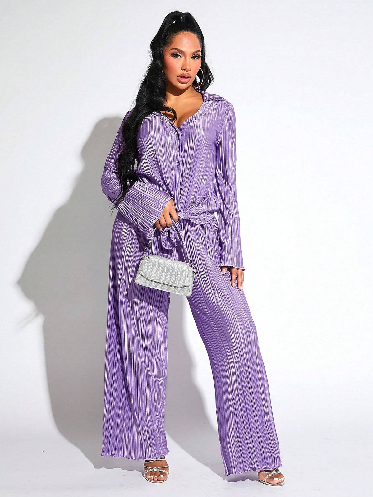 Lettuce Trim Button Front Plisse Shirt & Wide Leg Pants