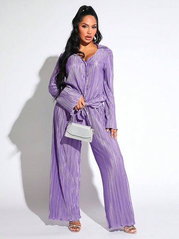 Lettuce Trim Button Front Plisse Shirt & Wide Leg Pants
