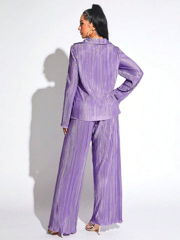 Lettuce Trim Button Front Plisse Shirt & Wide Leg Pants