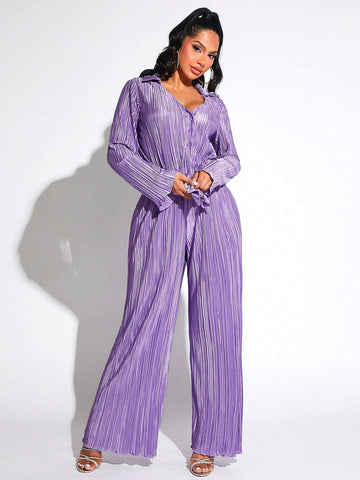 Lettuce Trim Button Front Plisse Shirt & Wide Leg Pants