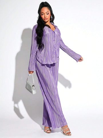 Lettuce Trim Button Front Plisse Shirt & Wide Leg Pants