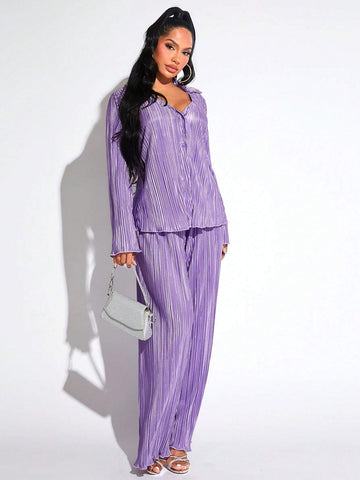 Lettuce Trim Button Front Plisse Shirt & Wide Leg Pants