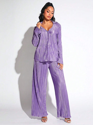 Lettuce Trim Button Front Plisse Shirt & Wide Leg Pants