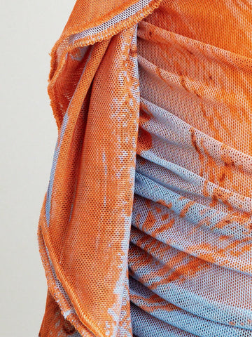 Marble Print Ruffle Hem Cami Top & Drawstring Side Bodycon Skirt