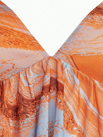 Marble Print Ruffle Hem Cami Top & Drawstring Side Bodycon Skirt