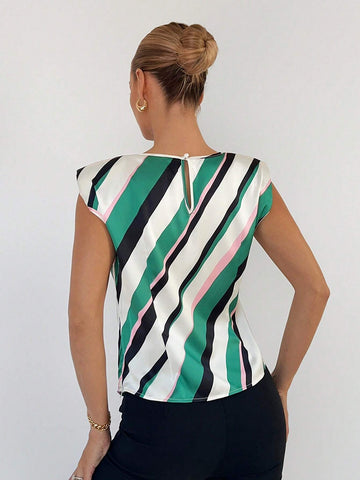 Striped Print Shoulder Pad Blouse Workwear