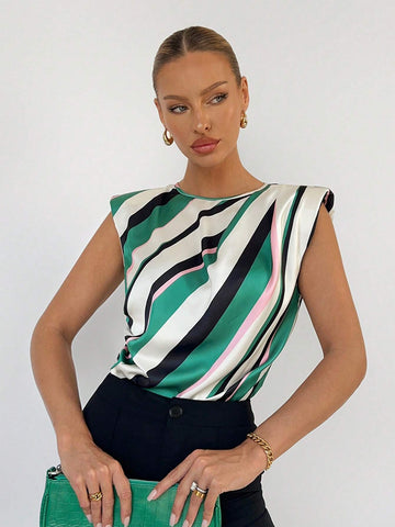 Striped Print Shoulder Pad Blouse Workwear