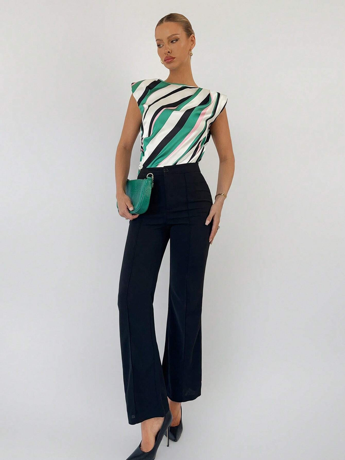 Striped Print Shoulder Pad Blouse Workwear