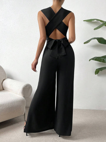 Solid Criss Cross Tie Backless Wide Leg Jumpsuit
