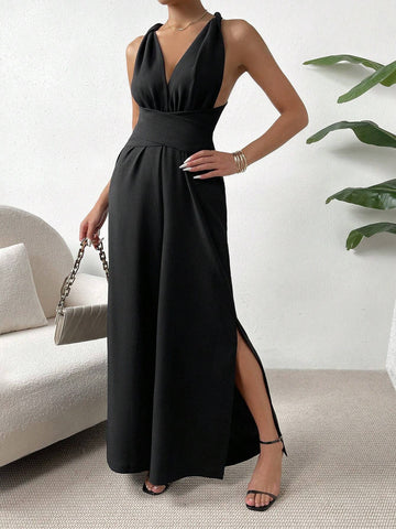 Solid Criss Cross Tie Backless Wide Leg Jumpsuit