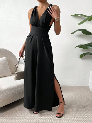 Solid Criss Cross Tie Backless Wide Leg Jumpsuit