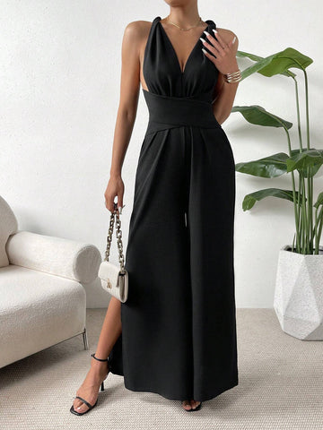 Solid Criss Cross Tie Backless Wide Leg Jumpsuit