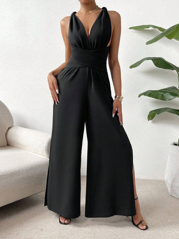 Solid Criss Cross Tie Backless Wide Leg Jumpsuit