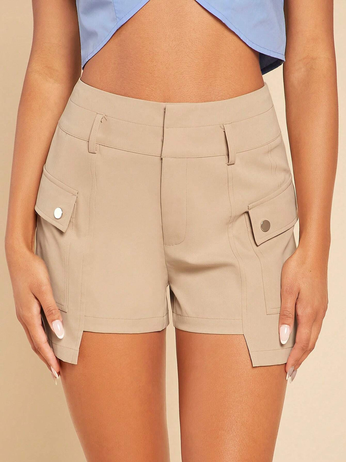 Flap Pocket Side Asymmetrical Hem Cargo Shorts