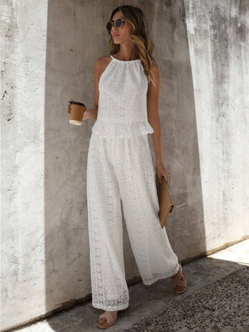 Solid Ruffle Hem Halter Top & Wide Leg Pants