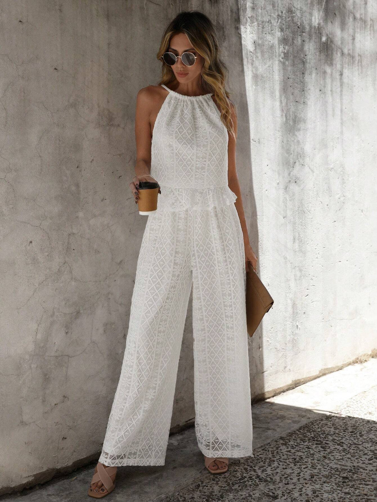 Solid Ruffle Hem Halter Top & Wide Leg Pants