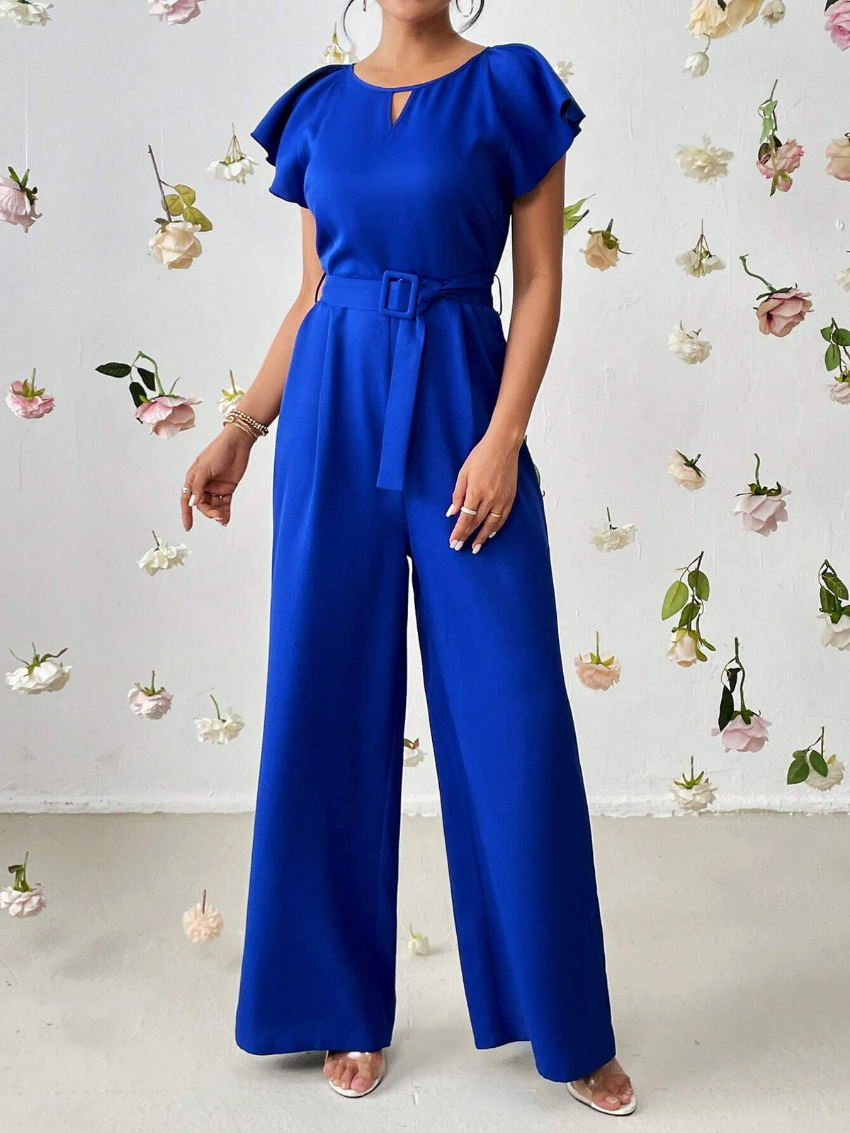 Keyhole Neckline Butterfly Sleeve Belted Wide Leg Jumpsuit