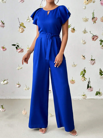 Keyhole Neckline Butterfly Sleeve Belted Wide Leg Jumpsuit