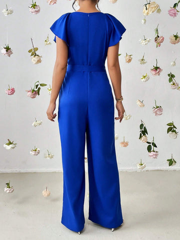 Keyhole Neckline Butterfly Sleeve Belted Wide Leg Jumpsuit