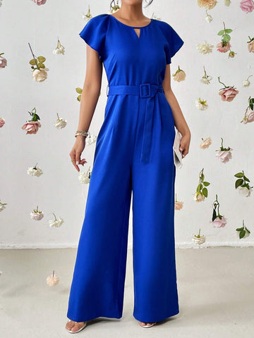 Keyhole Neckline Butterfly Sleeve Belted Wide Leg Jumpsuit