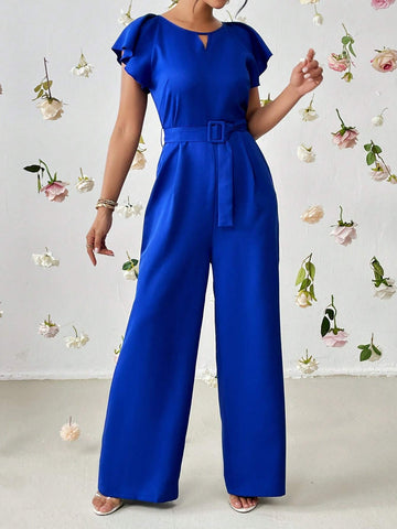 Keyhole Neckline Butterfly Sleeve Belted Wide Leg Jumpsuit