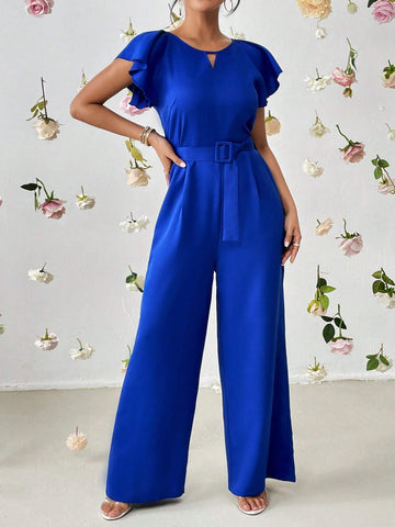 Keyhole Neckline Butterfly Sleeve Belted Wide Leg Jumpsuit