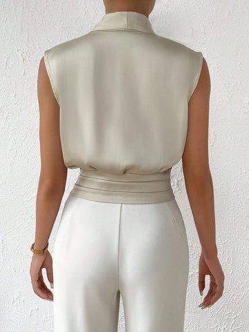 Shawl Collar Button Detail Satin Blouse