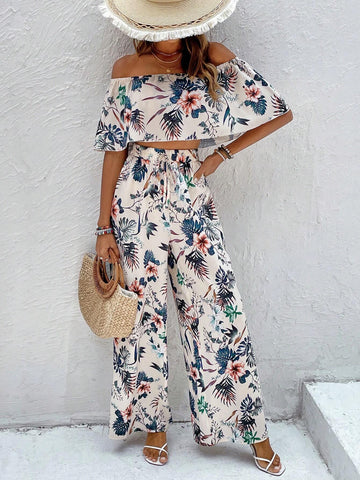 Tropical Print Off Shoulder Crop Top & Wide Leg Pants