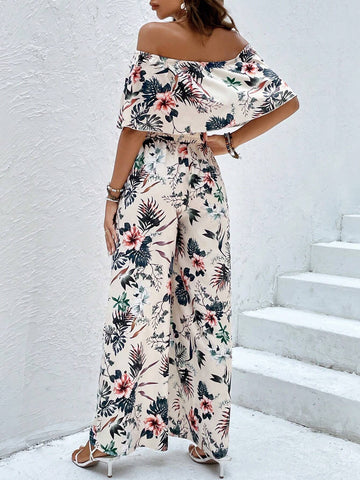 Tropical Print Off Shoulder Crop Top & Wide Leg Pants