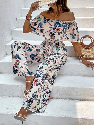 Tropical Print Off Shoulder Crop Top & Wide Leg Pants