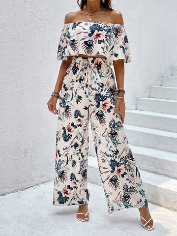 Tropical Print Off Shoulder Crop Top & Wide Leg Pants