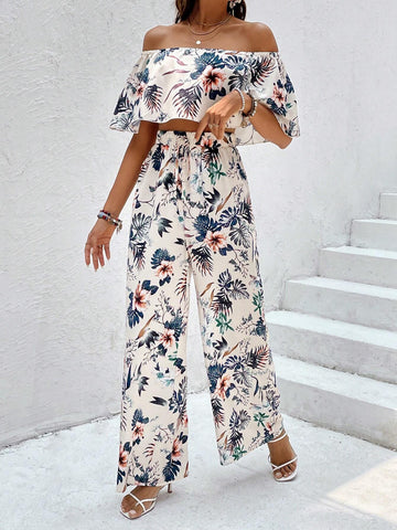 Tropical Print Off Shoulder Crop Top & Wide Leg Pants
