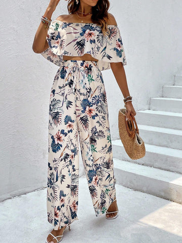 Tropical Print Off Shoulder Crop Top & Wide Leg Pants