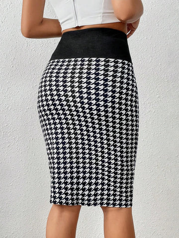 Houndstooth Print Zip Placket Pencil Skirt