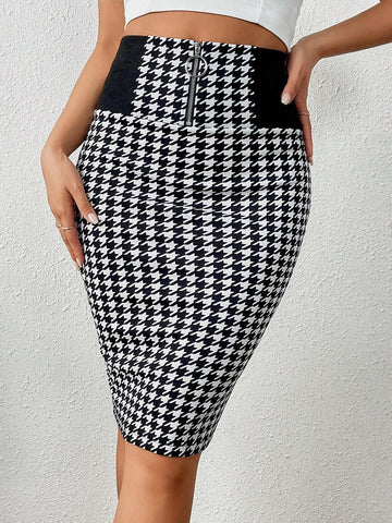 Houndstooth Print Zip Placket Pencil Skirt